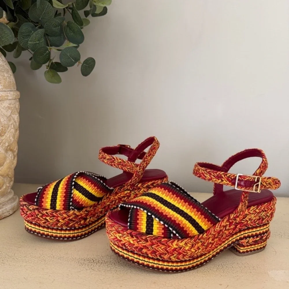 Antolina Paris Woven Textile Women Sz 8 Striped Platform Sandal Red/Yellow/Black